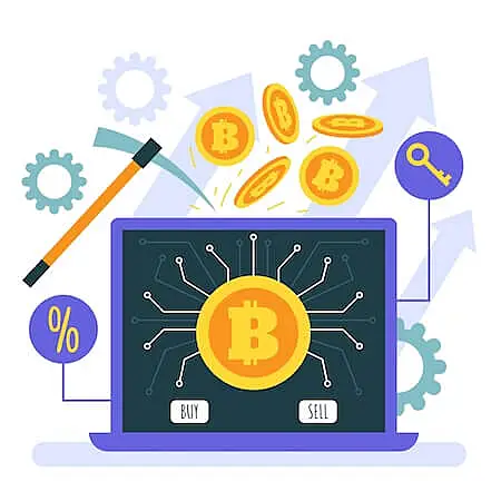 Illustration of Bitcoin mining with laptop, digital coins, pickaxe, and buy/sell buttons representing cryptocurrency trading.