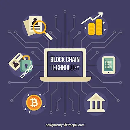 Blockchain technology concept with laptop, Bitcoin symbol, coins, bank, lock, and smartphone connected by digital lines.