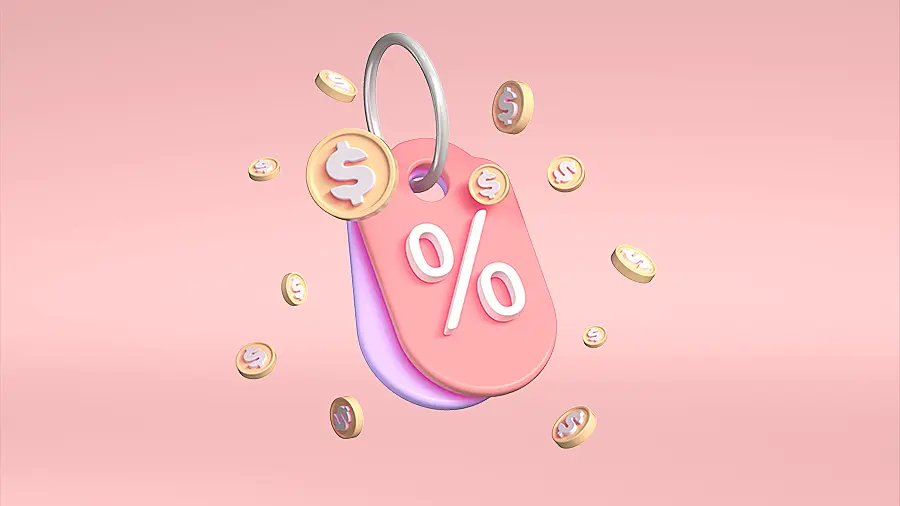 Ilustración de 3D de un cupón de descuento con un símbolo del percentaje