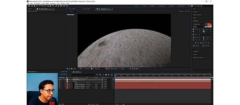 captura de tela do instrutor do curso de after effects ensinando sobre 3d enquanto faz uma edição com a lua
