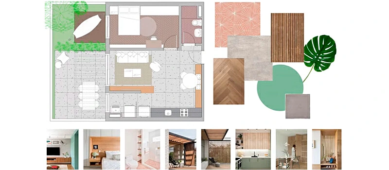 imagem de uma planta baixa, tipos de bisos, texturas e fotos de cômodos