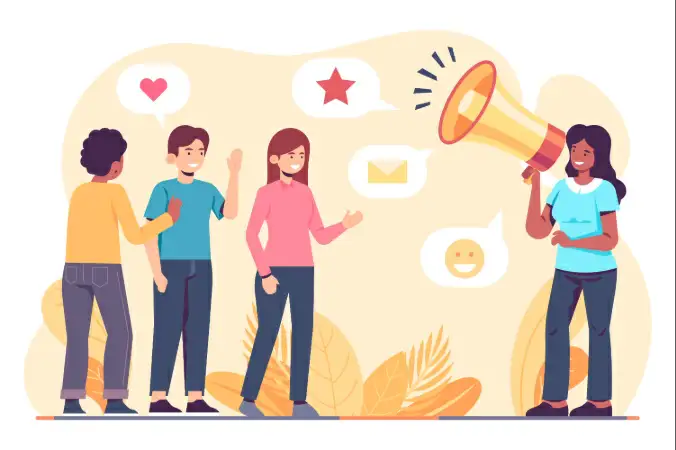ilustração de uma mulher segurando um megafone falando com outras 3 pessoas