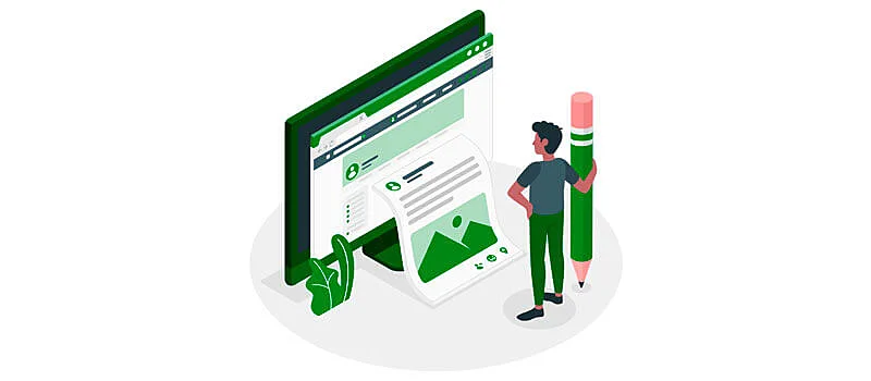 homem segurando um lápis em frente a um monitor onde o texto está saindo de dentro da tela