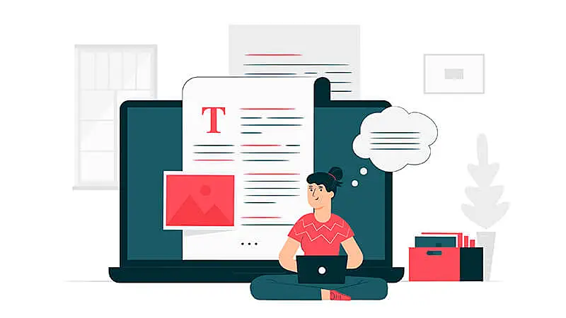 mesa com uma xícara de café, óculos, livro aberto e um monitor mostrando um texto genérico