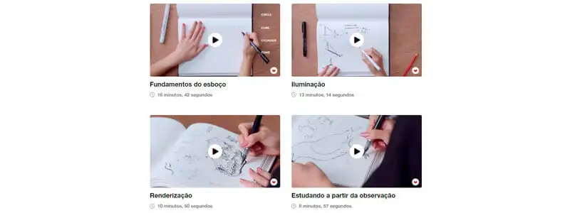 Captura de tela de vídeos das aulas do curso de desenho falando sobre esboço, iluminação e renderização