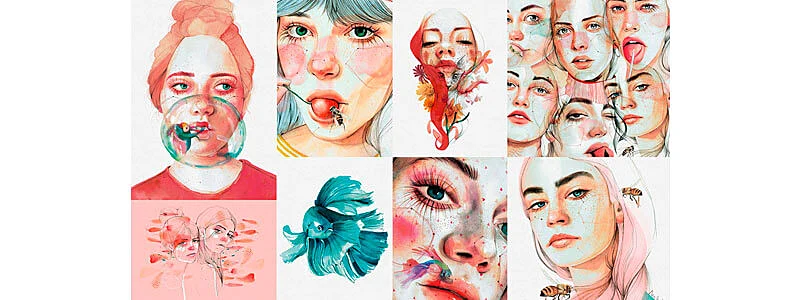 ilustrações feitas em aquarela criadas pela instrutora do curso de desenho de retrato em aquarela