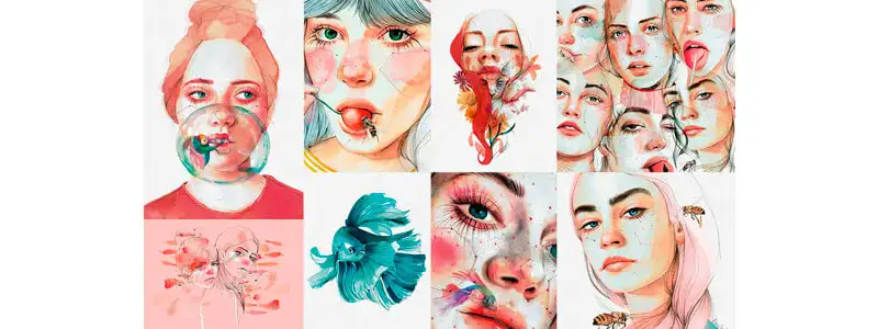 ilustrações feitas em aquarela criadas pela instrutora do curso de desenho de retrato em aquarela