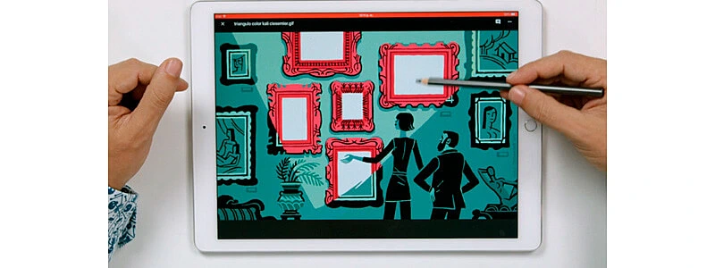 instrutor puño do curso de desenho mostrando uma composição em um ipad