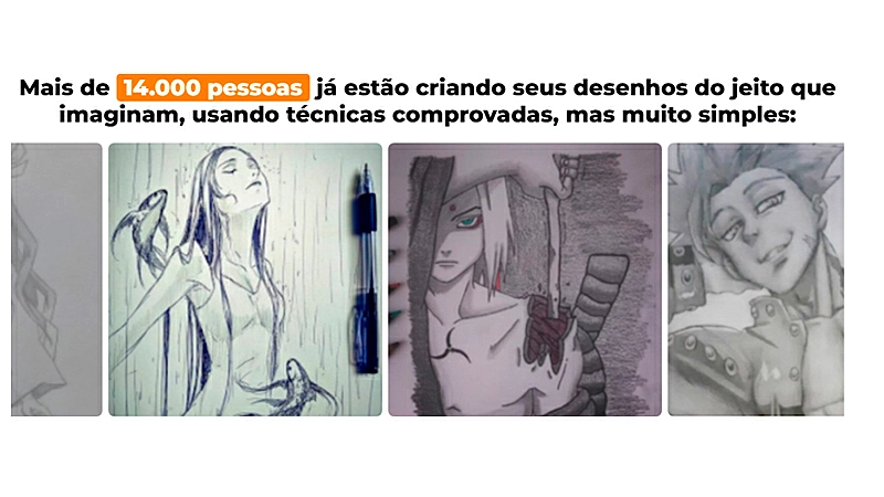 imagem que mostra alguns desenhos criados pelos alunos do curso de desenho do Ei Nerd