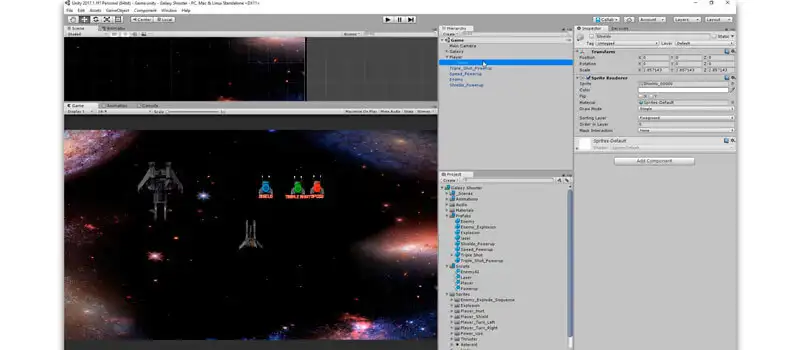 curso4 jogo space shooter sendo criado na engine unity