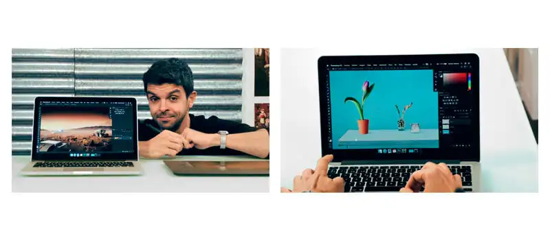 Instrutor do curso ao lado de um notebook mostrando uma foto editada e ao lado imagen do instrutor usando um notebook para editar uma foto