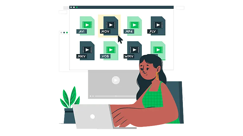 Imagem vetorizada de uma mulher acessando arquivos de curso de edição de video