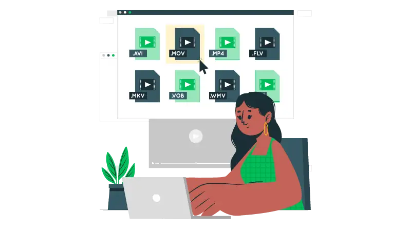 Imagem vetorizada de uma mulher acessando arquivos de curso de edição de video