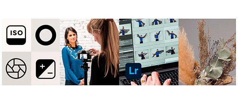 várias imagens, uma imagem mostrando elementos de camera, outra aluna tirando foto da instrutora, outra do lightroom aberto em um notebook e outra de plantas