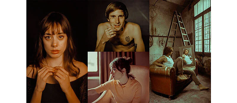 4 retratos fotograficos bem editados e com elementos interessantes, em uma delas um homem se olha no espelho com uma escada atrás do espelho