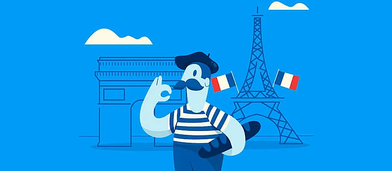 personagem desenhado usando roupas características de paris, com a torre eiffel e o arco do trinfo desenhados ao fundo