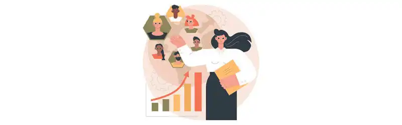 líder líder apresentando membros de sua equipe enquanto segura uma pasta, mostra gráficos a sua direita e uma imagem do planeta terra está ao fundo