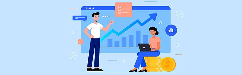 homem e mulher discutindo sobre um relatório de gestão de vendas que está sendo exibido ao fundo, mulher sentada em uma pilha de moedas