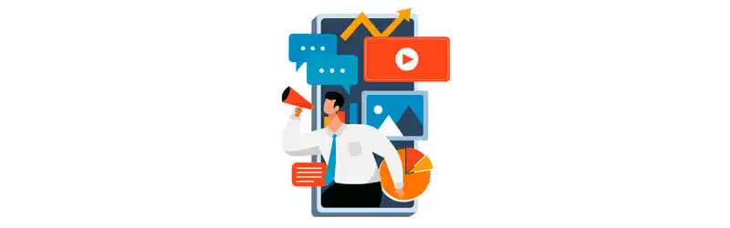 celular mostrando um homem com um megafone e elementos relacionados a marketing