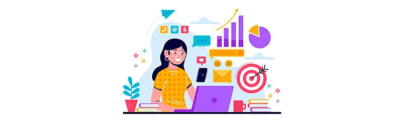 gestora de tráfego usando um notebook com elementos gráficos relacionados a marketing