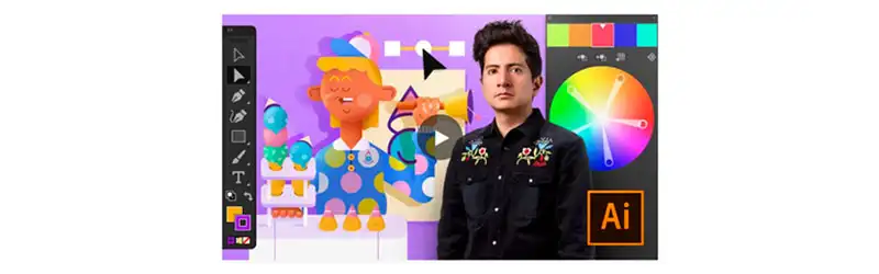 Tela com o professor do curso Introdução ao Adobe Illustrator e uma ilustração de um sorveteira ao fundo