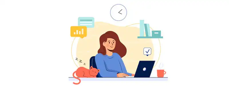 Mulher usando um lap top com seu gato dormindo em sua mesa