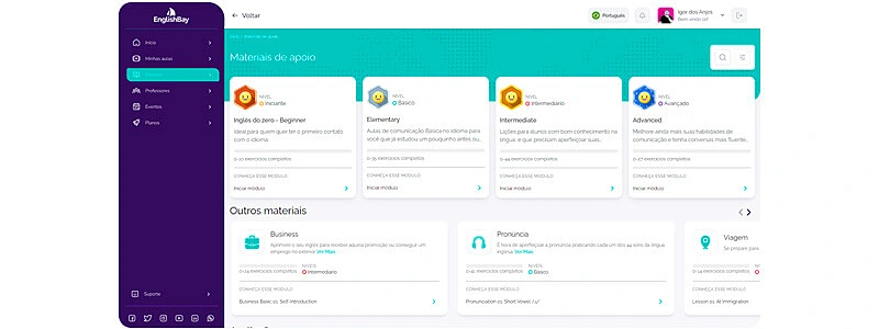 captura de tela do ambiente de aprendizado do curso de inglês online gratuito da english bay