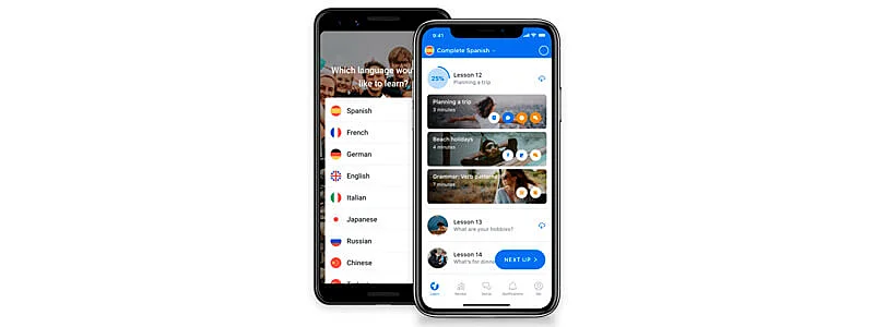 captura de tela de dois celulares com o app busuu aberto mostrando o curso de inglês online gratuito