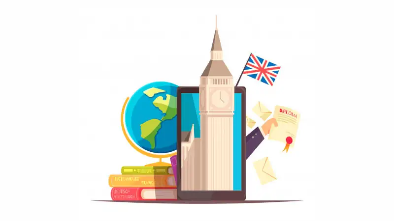 Certificado de inglês Bandeira a Inglaterra com livros de estudo e um certificado de inglês