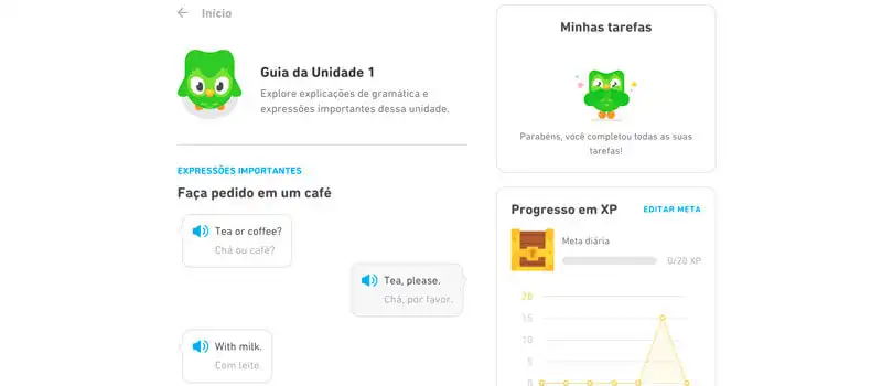 duolingo Captura de tela do duolingo aberto em um navegador ensinando formas de pedir um chá em inglês
