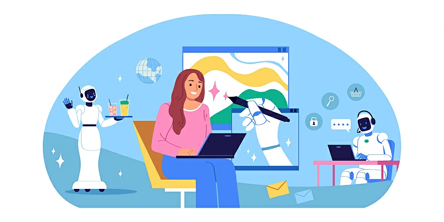 Pessoa usando notebook enquanto assistentes virtuais e robôs oferecem suporte automatizado.