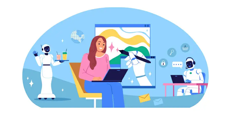 Pessoa usando notebook enquanto assistentes virtuais e robôs oferecem suporte automatizado.