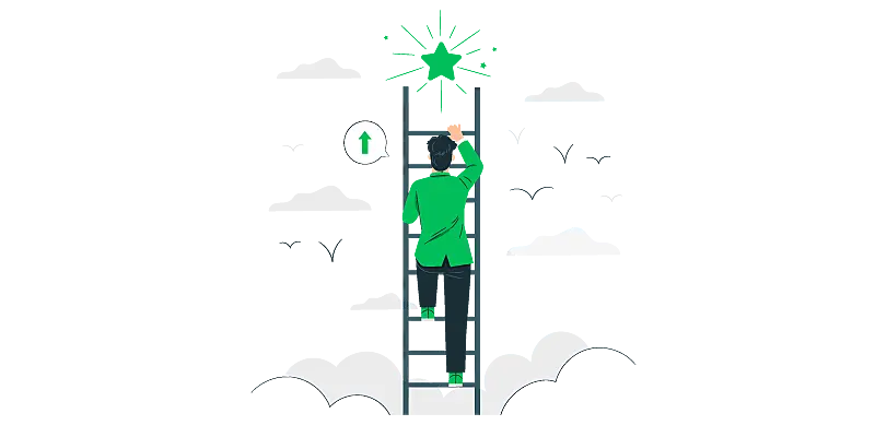 Imagem vetorizada de um líder subindo a escada rumo ao seu objetivo.