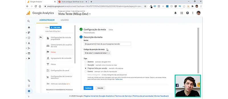 tela do Google Analytics aberta com a camera do instrutor no canto direito inferior