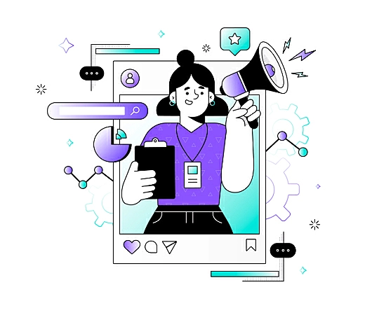 Ilustração de uma mulher segurando um megafone e vários ícones de gráficos e redes sociais