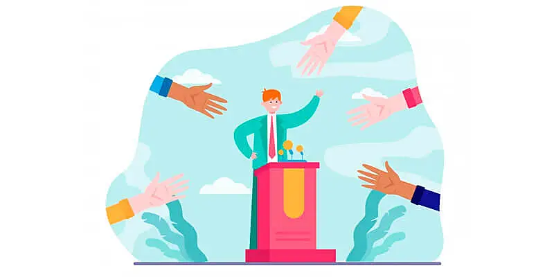 orador se apresentando para seu público enquanto eles acenam de volta