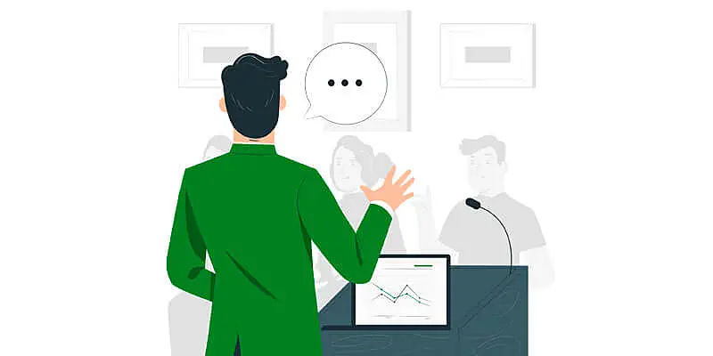 homem fazendo sua apresentação e mostrando gráficos em seus slides