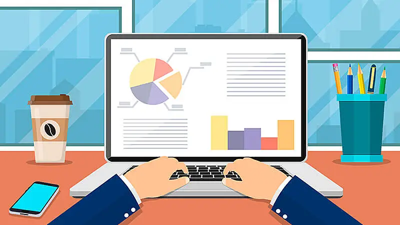 Ilustração de uma pessoa mexendo em um notebook 