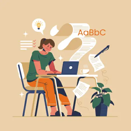 Ilustração de uma mulher usando um notebook e várias folhas saindo da tela