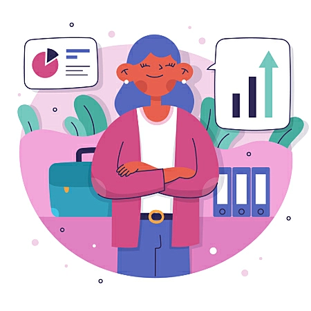 ilustração de uma mulher sorrindo e vários gráficos ao fundo