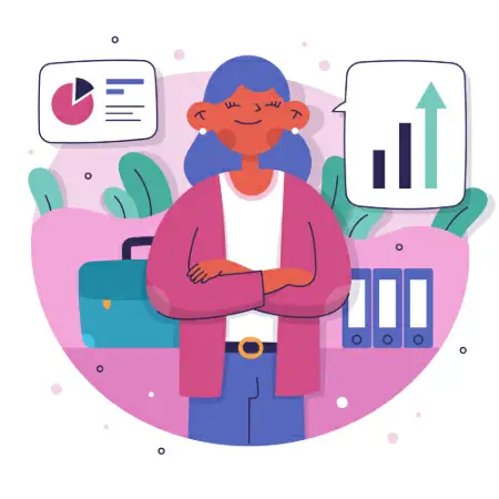 ilustração de uma mulher sorrindo e vários gráficos ao fundo