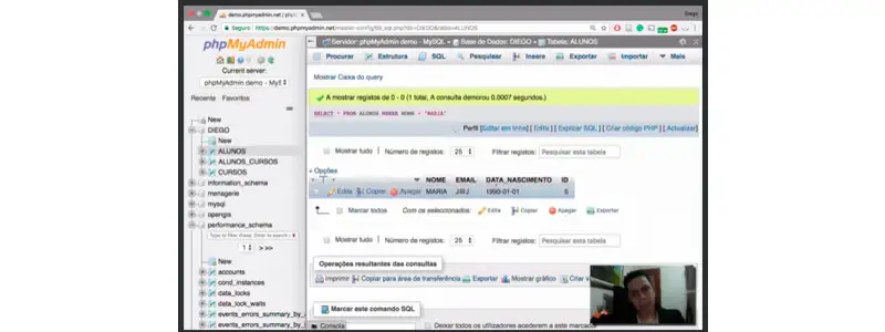 captura de tela do instrutor do curso de SQL mostrando o phpmyadmin