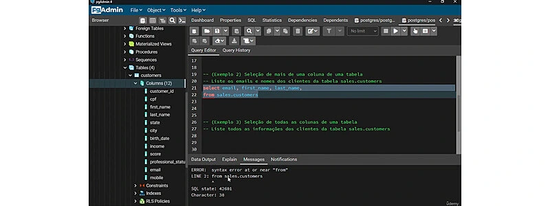 captura de tela do curso de SQL mostrando o pgadmin