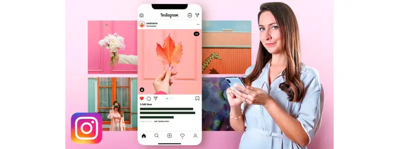 instrutora do curso de storytelling usando um smartphone ao lado de capturas de tela do insagram