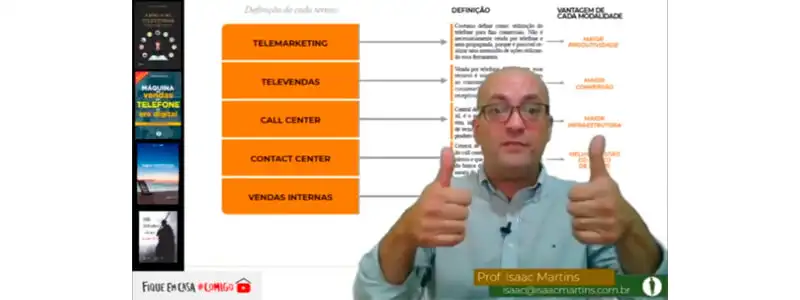 captura de tela do professor do curso de telemarketing mostrando definições relacionadas ao telemarketing