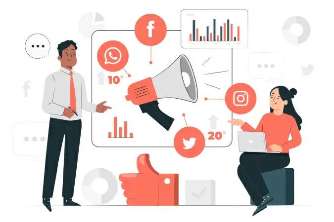Imagem de duas pessoas mostrando gráficos e ícones de redes sociais