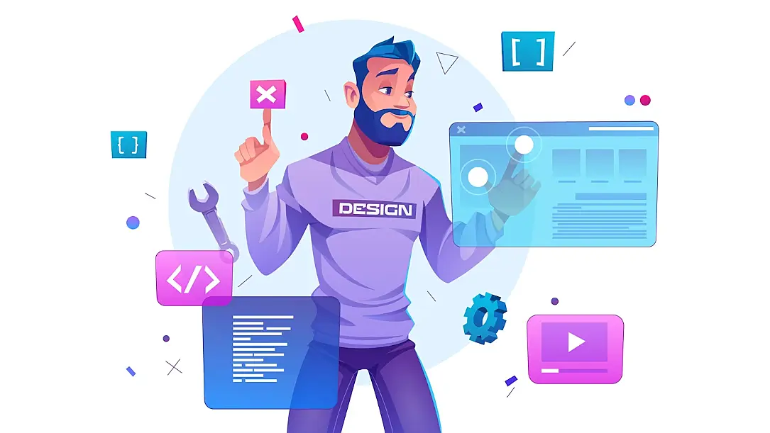 Ilustración de un hombre manejando íconos de diseño web