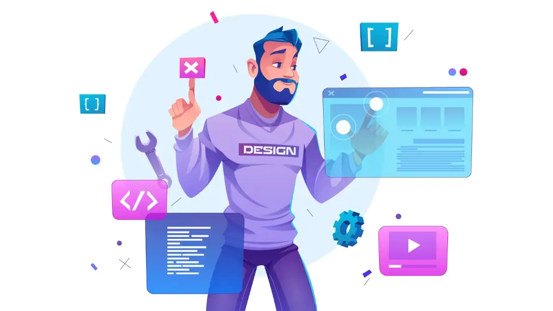 Ilustración de un hombre manejando íconos de diseño web