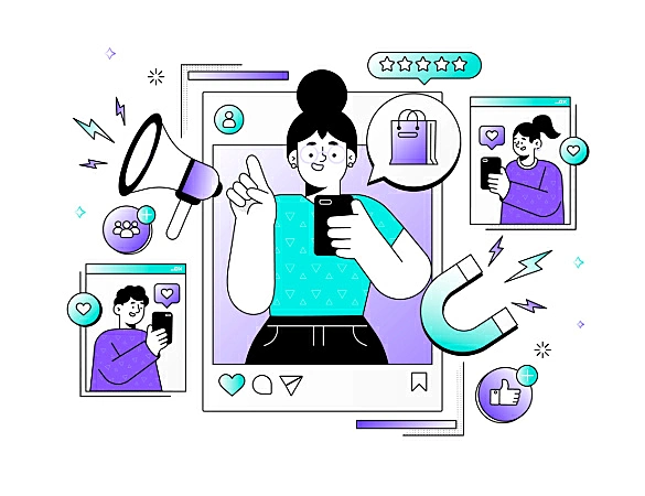 Ilustração de pessoas usando celular em redes sociais, com ícones de marketing digital como megafone, curtidas, seguidores e avaliação com estrelas.