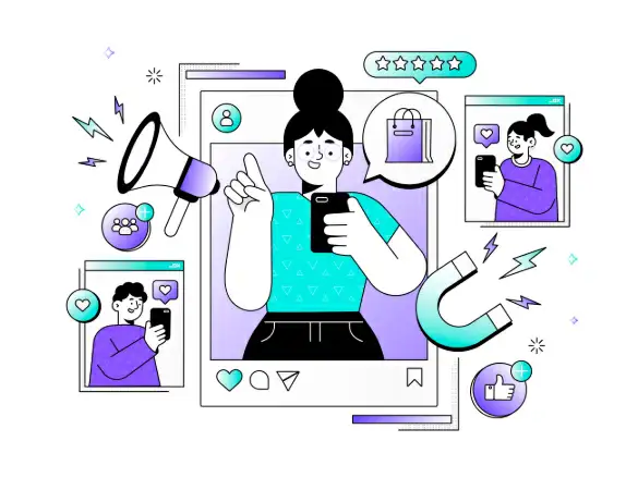 Ilustração de pessoas usando celular em redes sociais, com ícones de marketing digital como megafone, curtidas, seguidores e avaliação com estrelas.